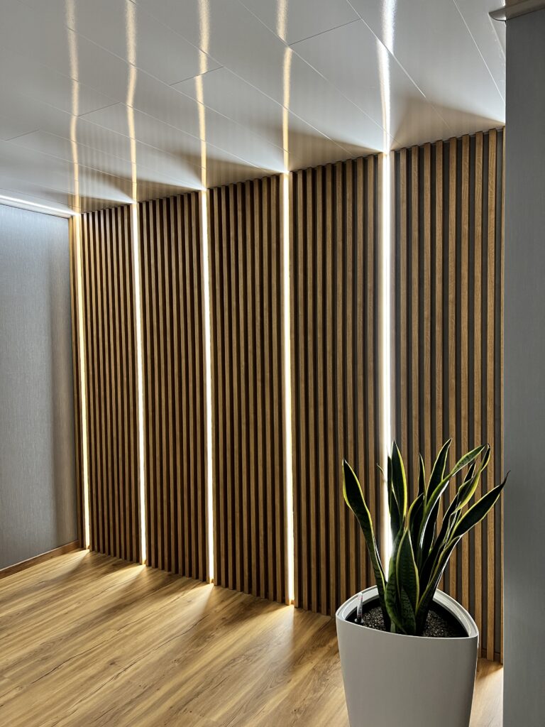 Maßgefertigte Designerwand mit Lamellen und LED-Beleuchtung